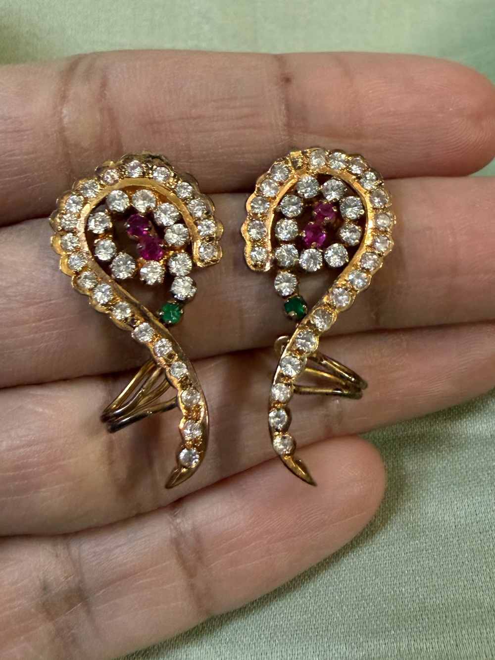 Gold-Tone Pink & Green Gemstone Swirl Earrings